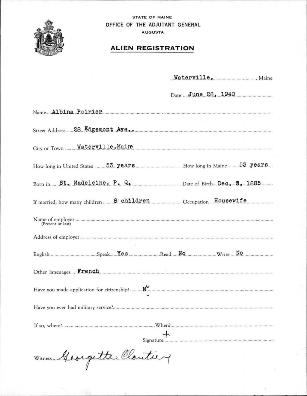 Miniature of Alien Registration- Poirier, Albina (Waterville, Kennebec County)