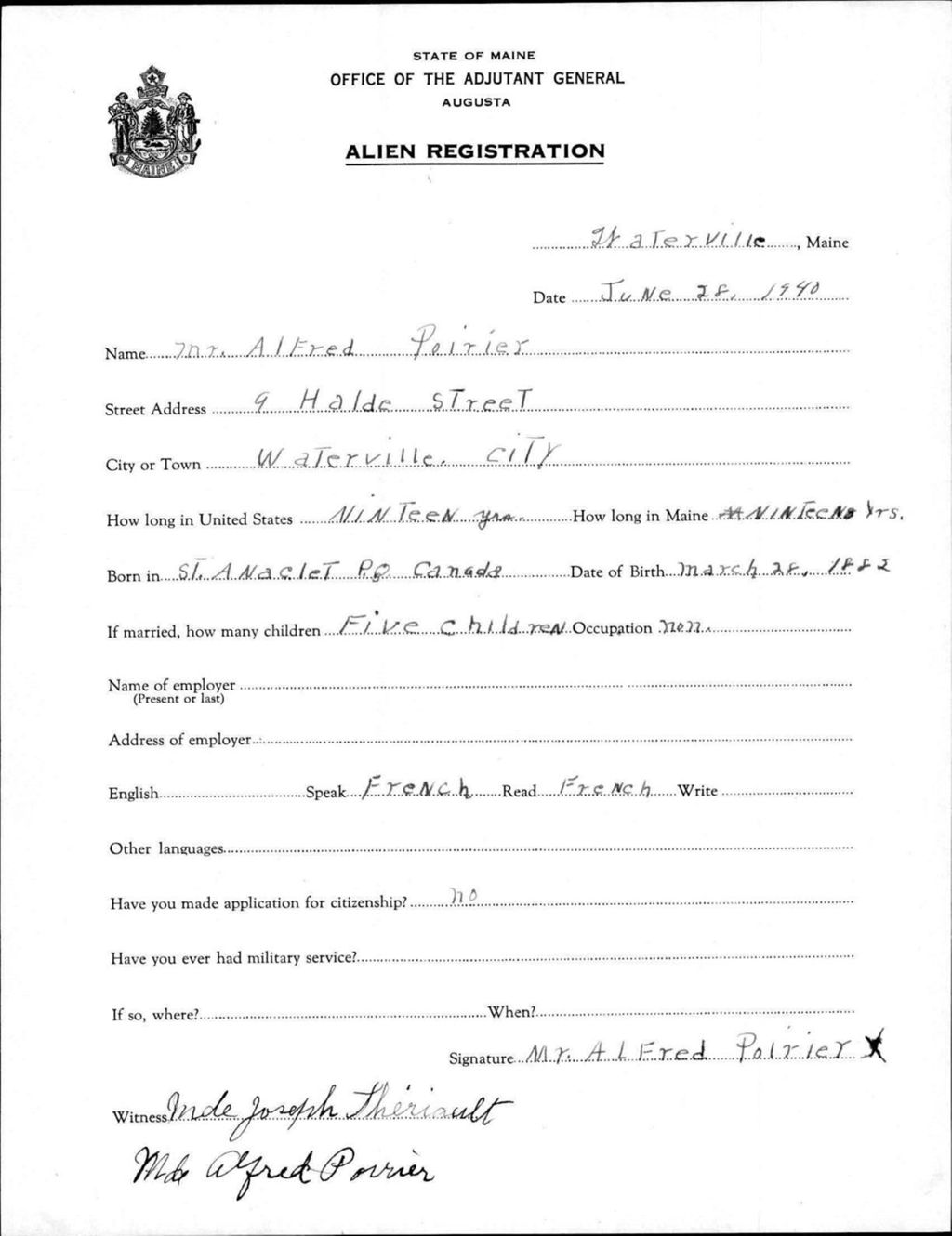 Miniature of Alien Registration- Poirier, Alfred (Waterville, Kennebec County)
