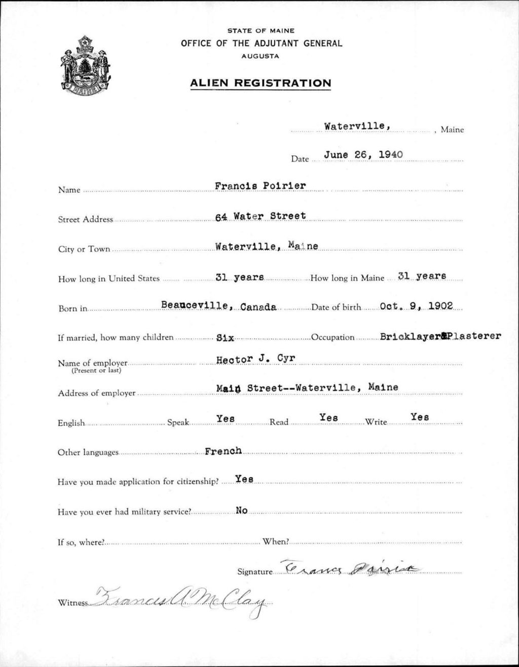Miniature of Alien Registration- Poirier, Francis (Waterville, Kennebec County)