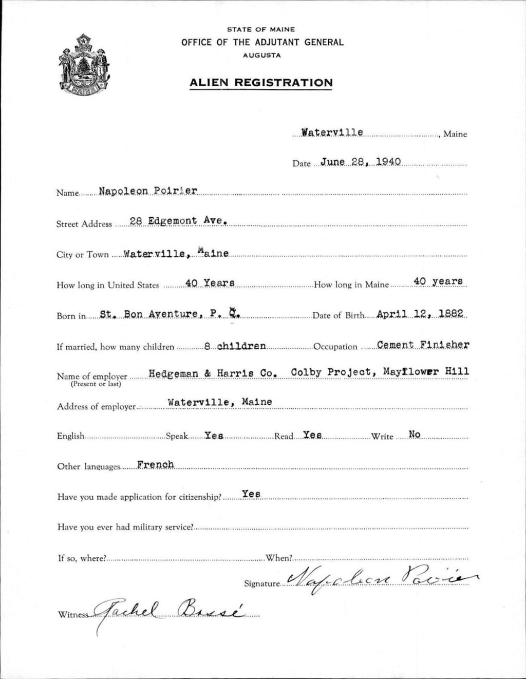 Miniature of Alien Registration- Poirier, Napoleon (Waterville, Kennebec County)