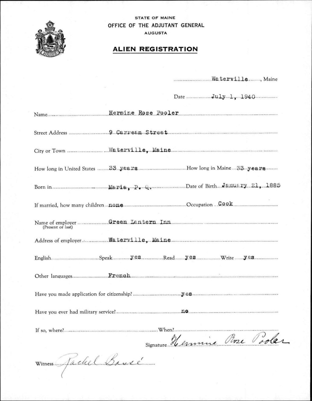 Miniature of Alien Registration- Pooler, Hermine R. (Waterville, Kennebec County)