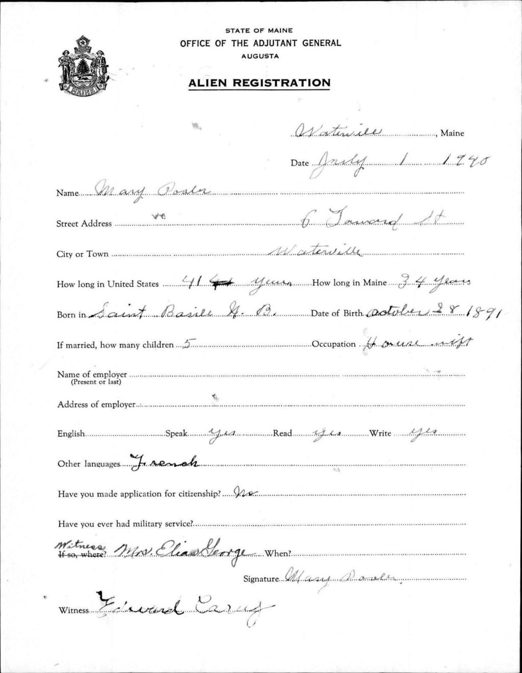 Miniature of Alien Registration- Pooler, Mary (Waterville, Kennebec County)