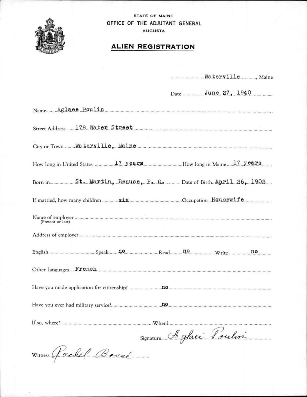 Miniature of Alien Registration- Poulin, Aglaee (Waterville, Kennebec County)