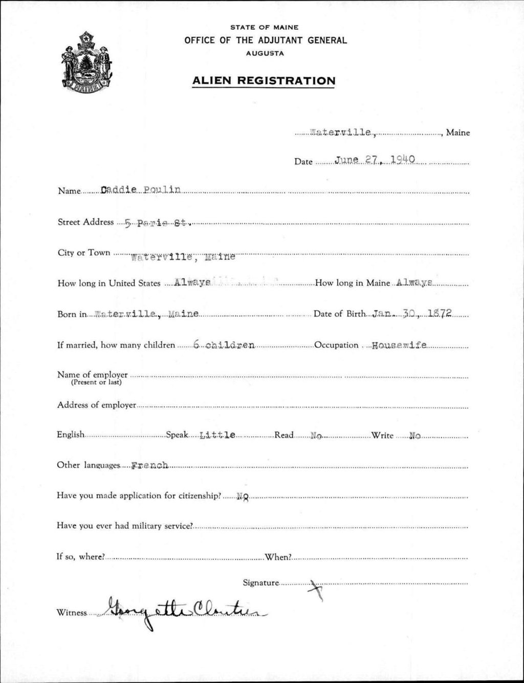 Miniature of Alien Registration- Poulin, Caddie (Waterville, Kennebec County)
