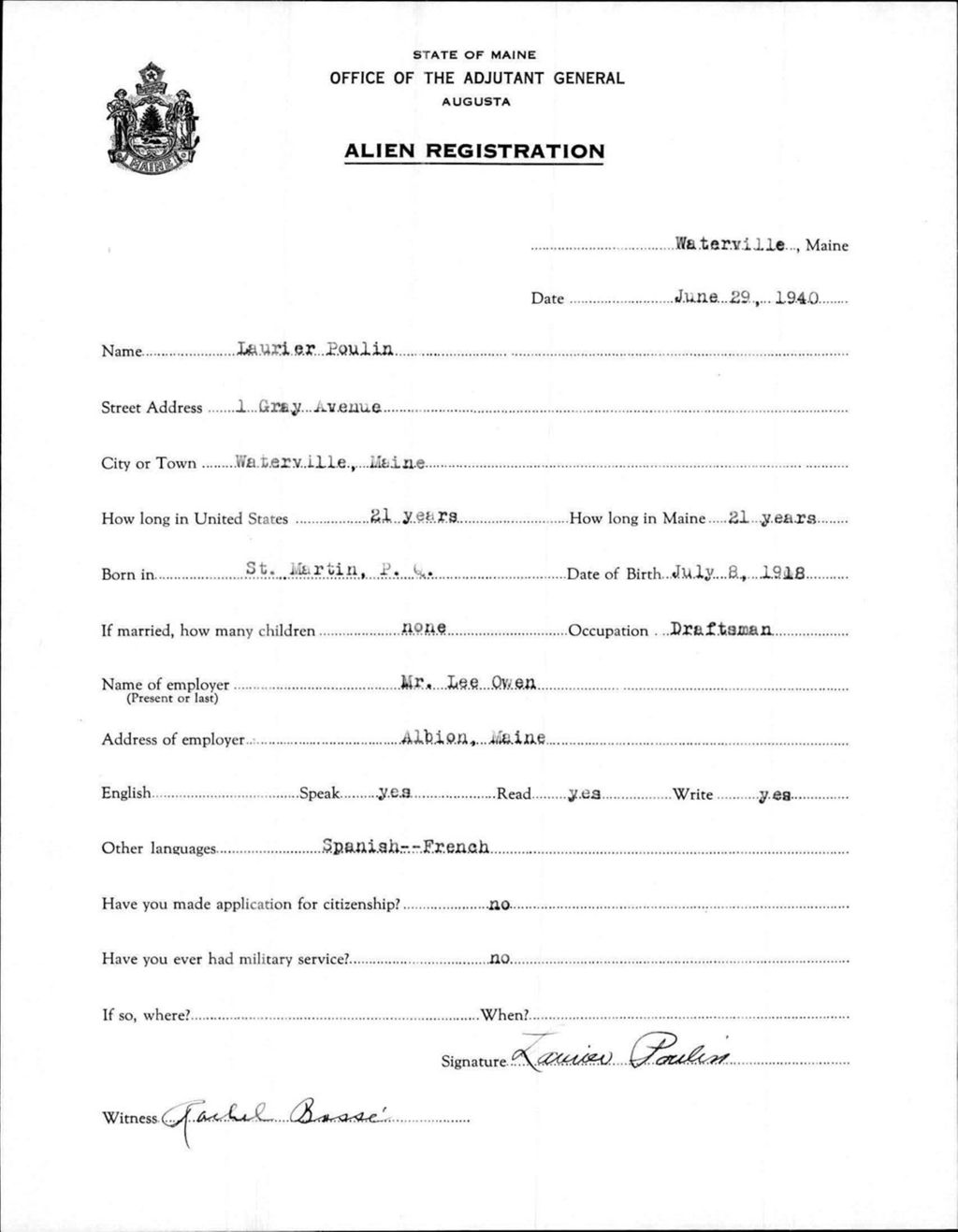 Miniature of Alien Registration- Poulin, Laurier (Waterville, Kennebec County)