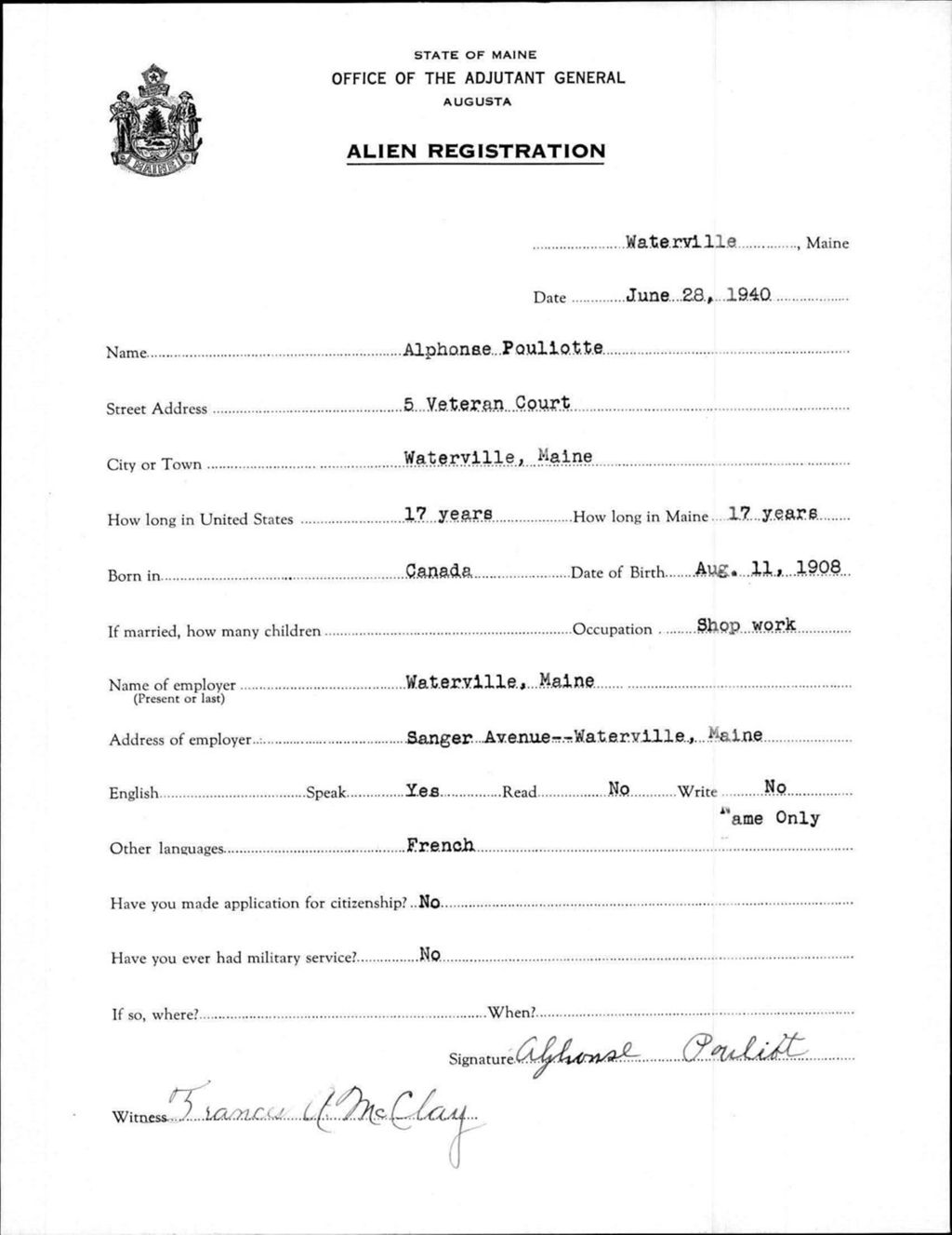 Miniature of Alien Registration- Pouliotte, Alphonse (Waterville, Kennebec County)