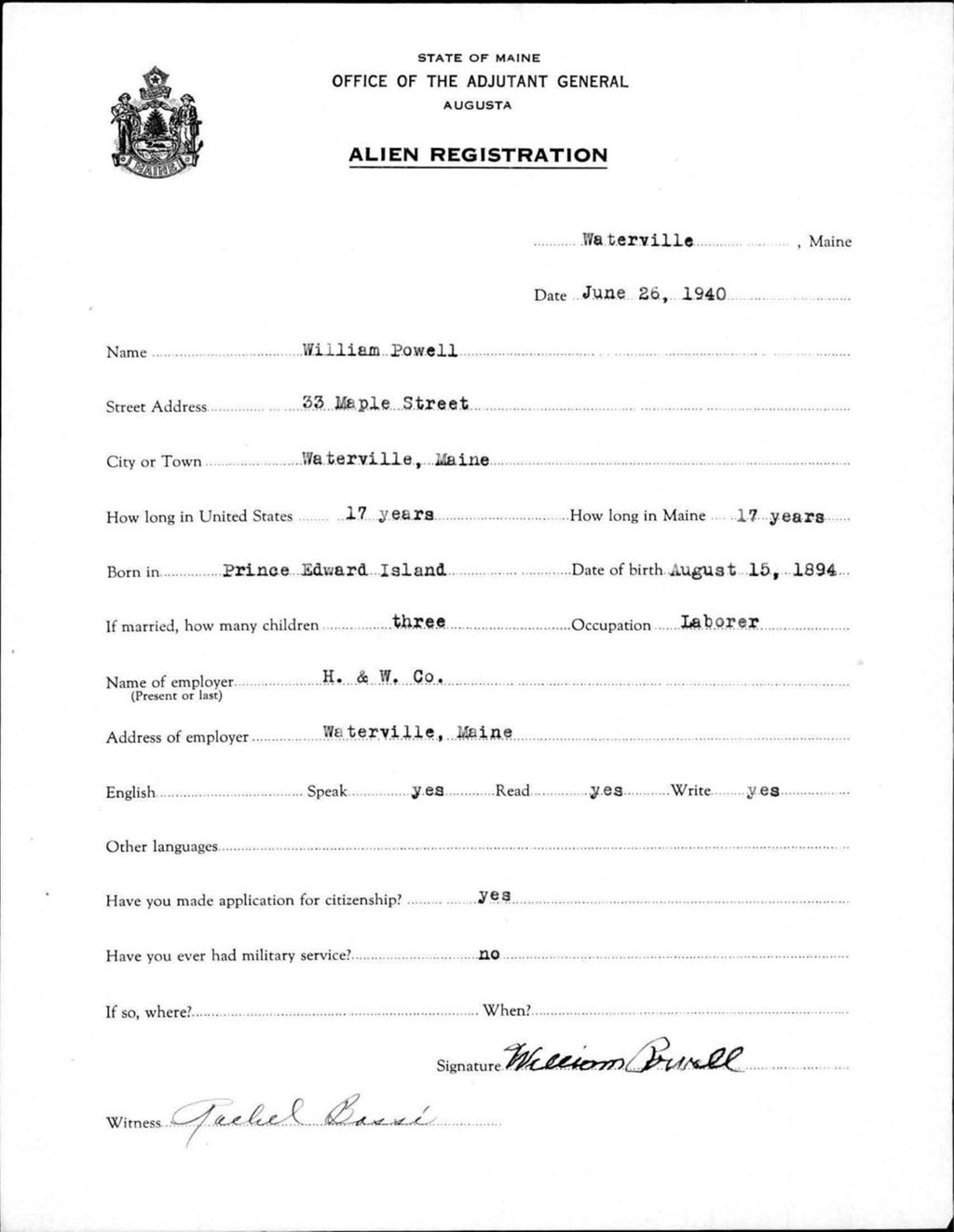 Miniature of Alien Registration- Powell, William (Waterville, Kennebec County)