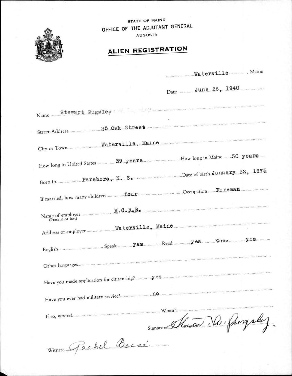 Miniature of Alien Registration- Pugsley, Stewart (Waterville, Kennebec County)
