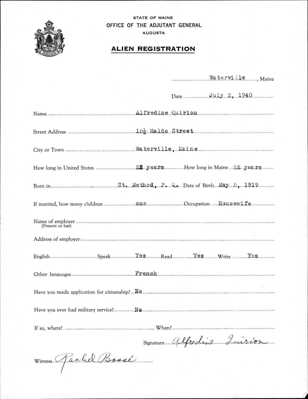 Miniature of Alien Registration- Quirion, Alfredine (Waterville, Kennebec County)