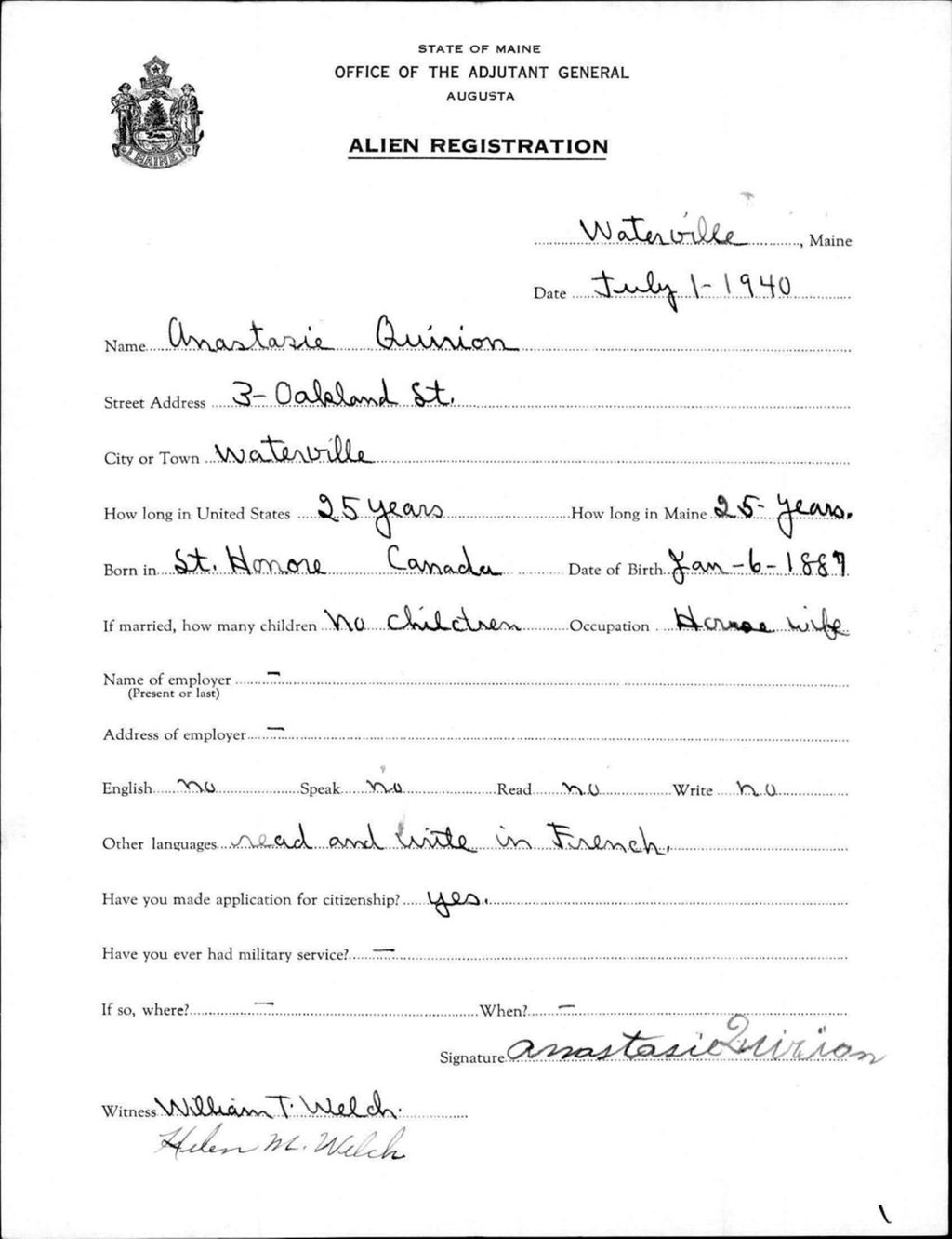 Miniature of Alien Registration- Quirion, Anastasie (Waterville, Kennebec County)
