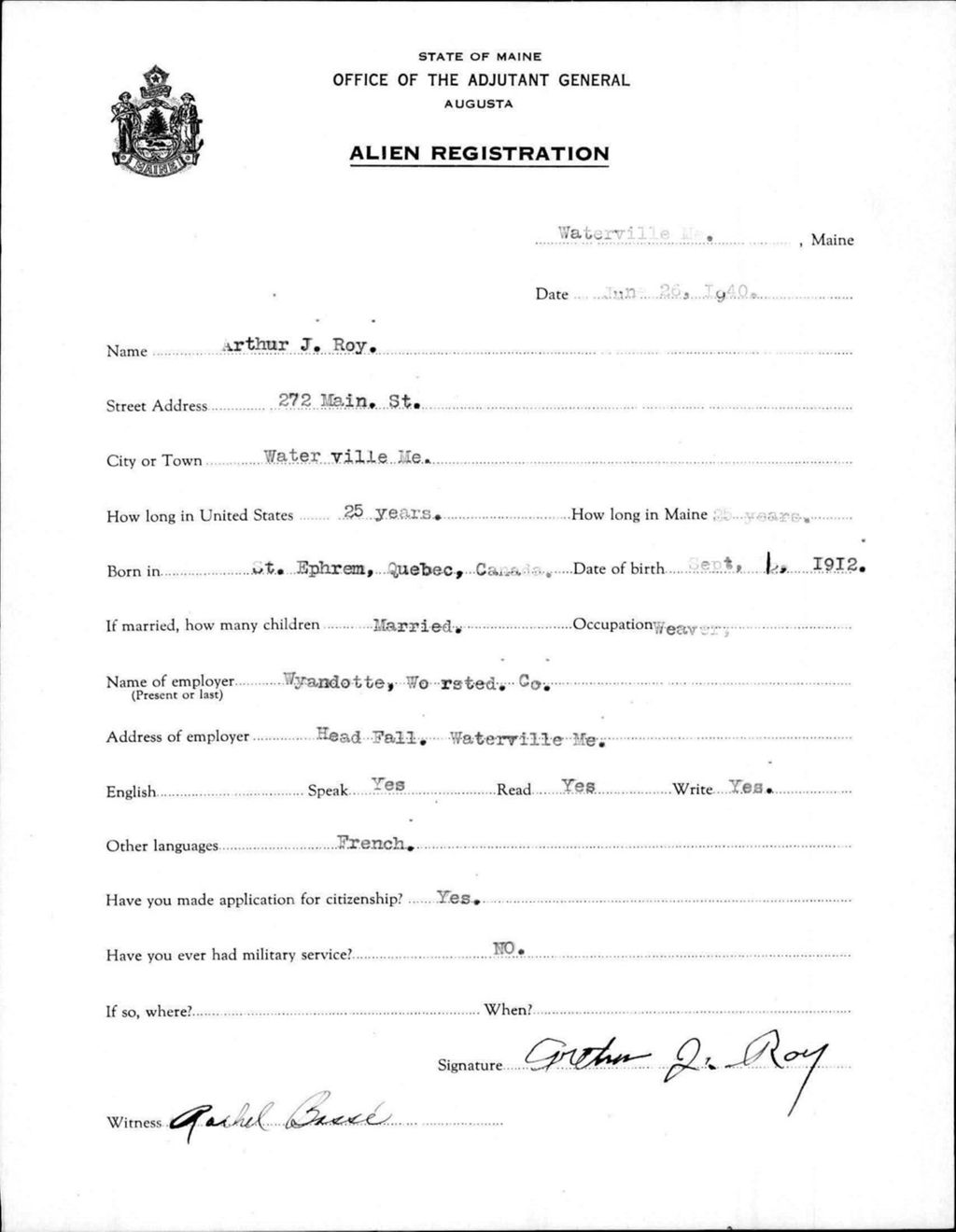 Miniature of Alien Registration- Roy, Arthur J. (Waterville, Kennebec County)