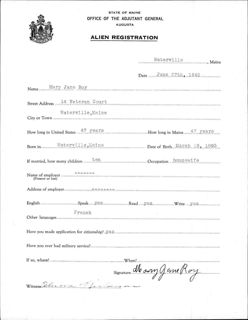 Miniature of Alien Registration- Roy, Mary J. (Waterville, Kennebec County)