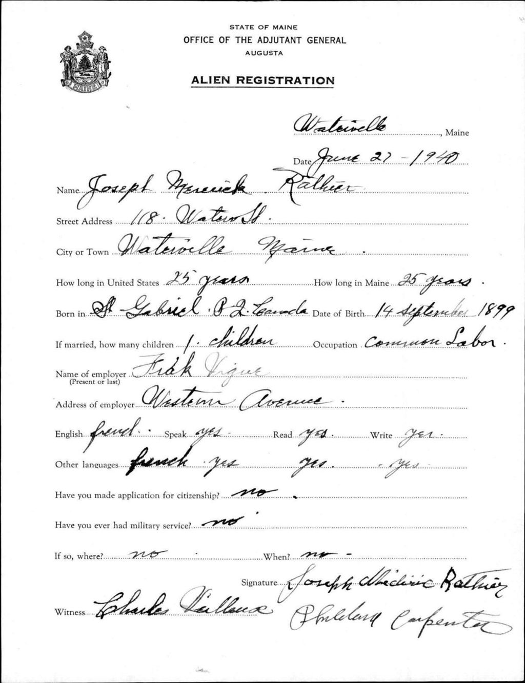 Miniature of Alien Registration- Rathier, Joseph M. (Waterville, Kennebec County)