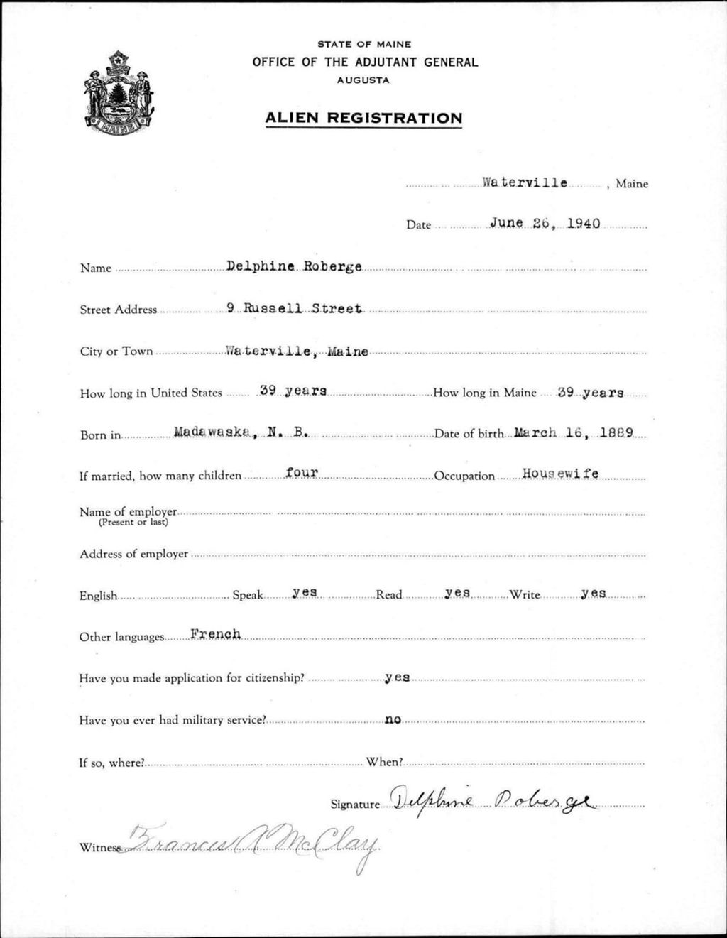 Miniature of Alien Registration- Roberge, Delphine (Waterville, Kennebec County)
