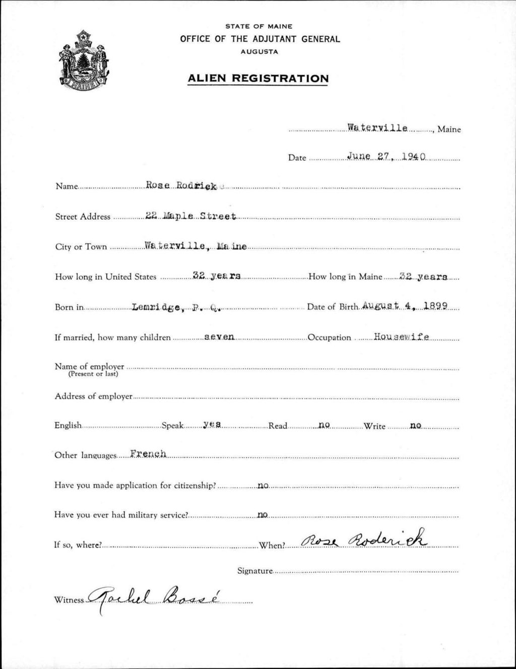 Miniature of Alien Registration- Rodrick, Rose (Waterville, Kennebec County)