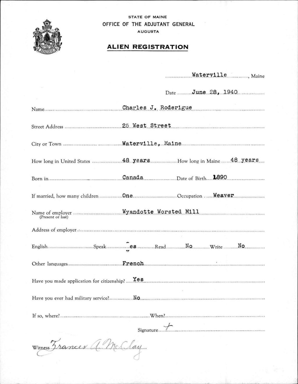Miniature of Alien Registration- Roderigue, Charles J. (Waterville, Kennebec County)