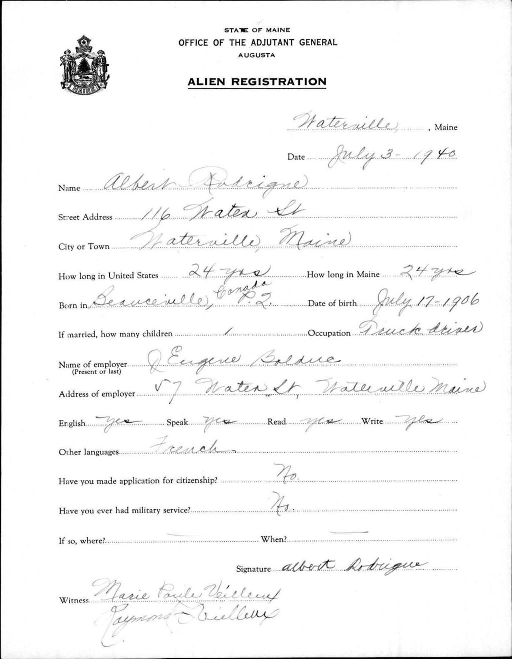 Miniature of Alien Registration- Rodrigne, Albert (Waterville, Kennebec County)