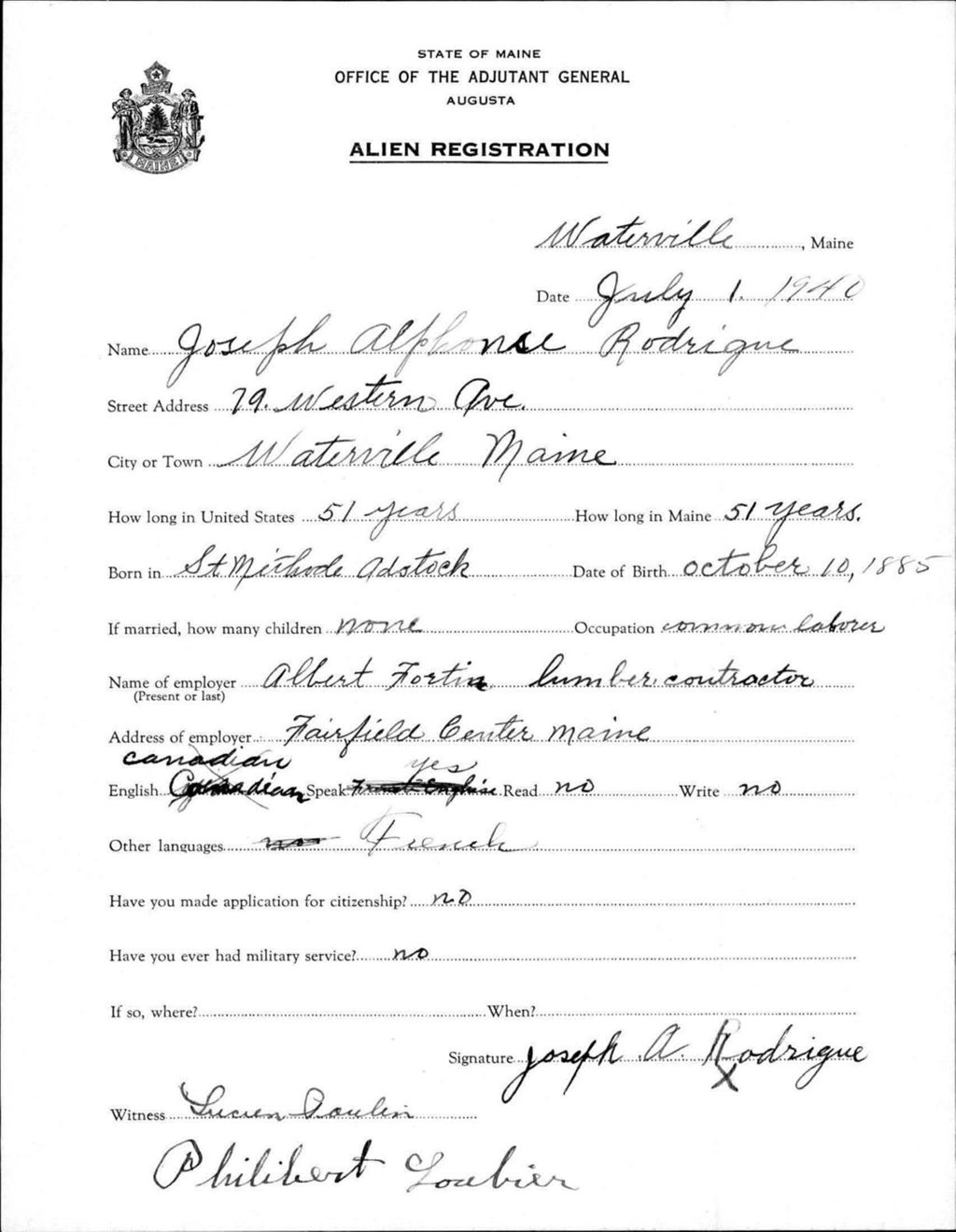 Miniature of Alien Registration- Rodrigne, Joseph A. (Waterville, Kennebec County)