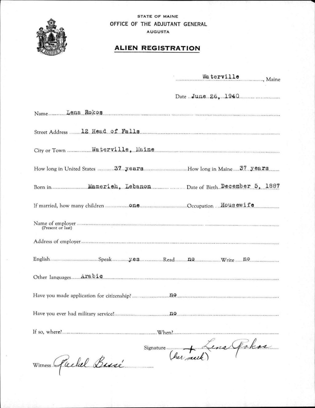 Miniature of Alien Registration- Rokos, Lena (Waterville, Kennebec County)