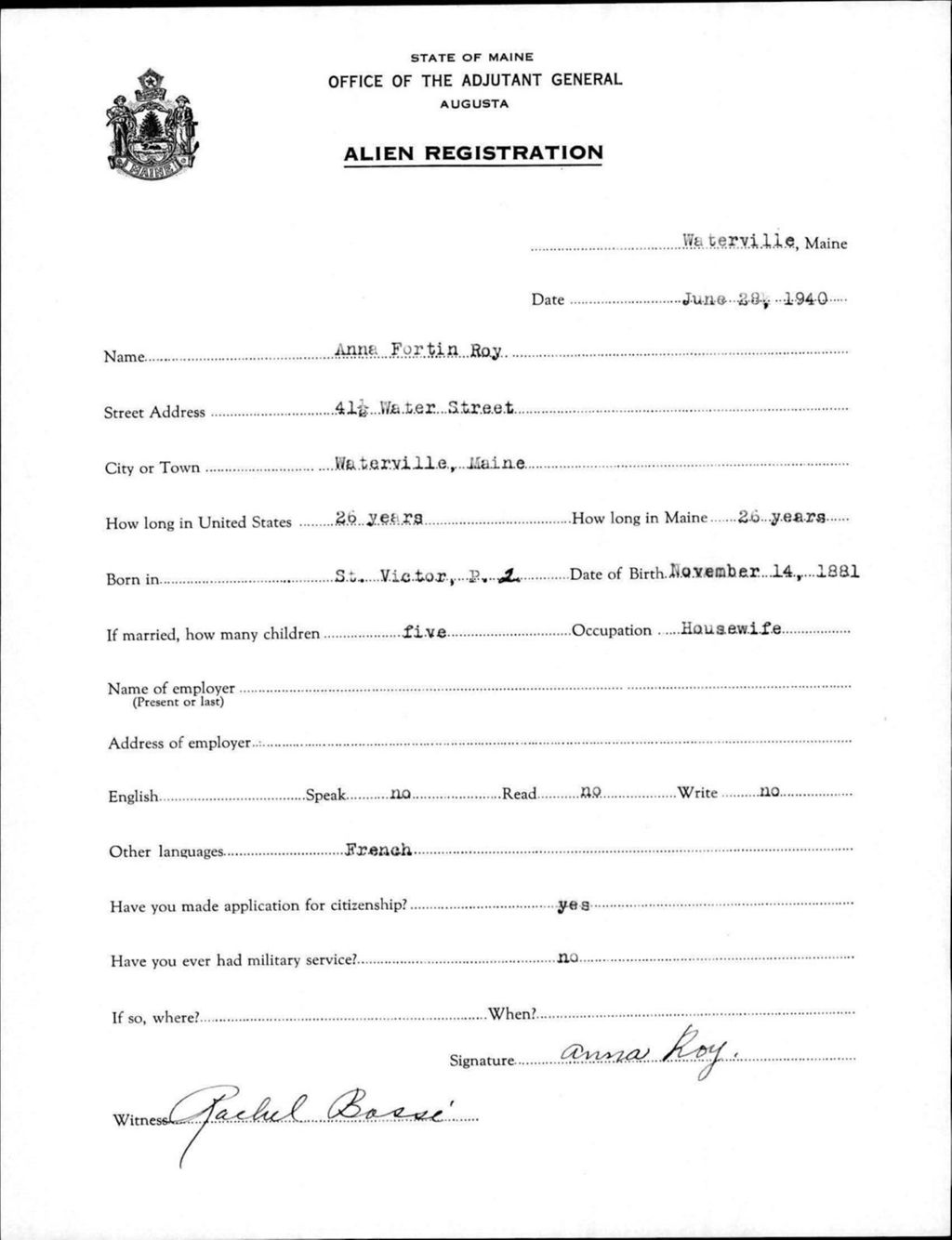 Miniature of Alien Registration- Fortin, Anna (Waterville, Kennebec County)