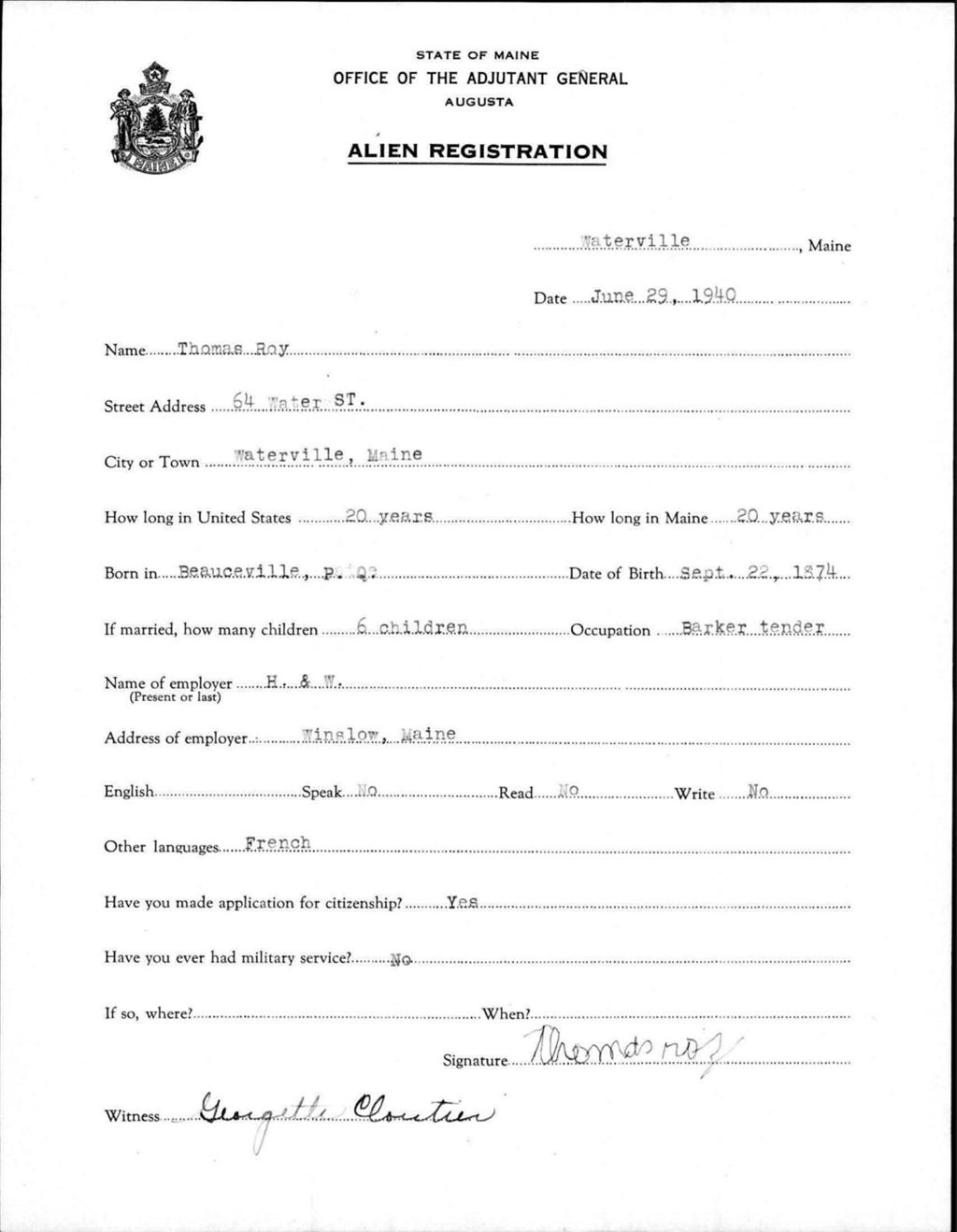 Miniature of Alien Registration- Roy, Thomas (Waterville, Kennebec County)