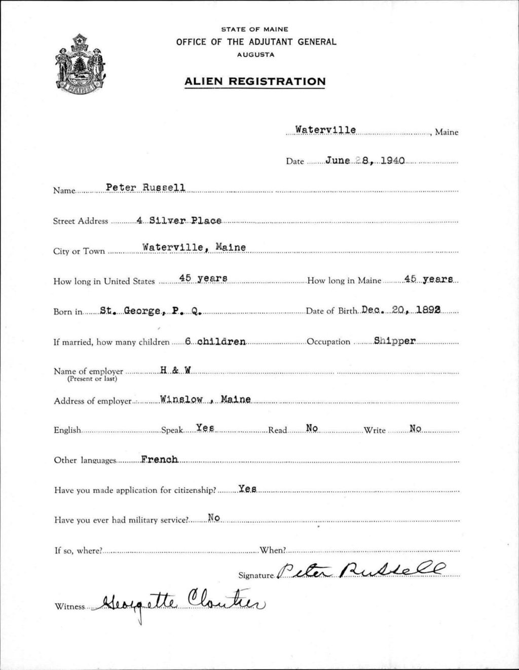 Miniature of Alien Registration- Russell, Peter (Waterville, Kennebec County)