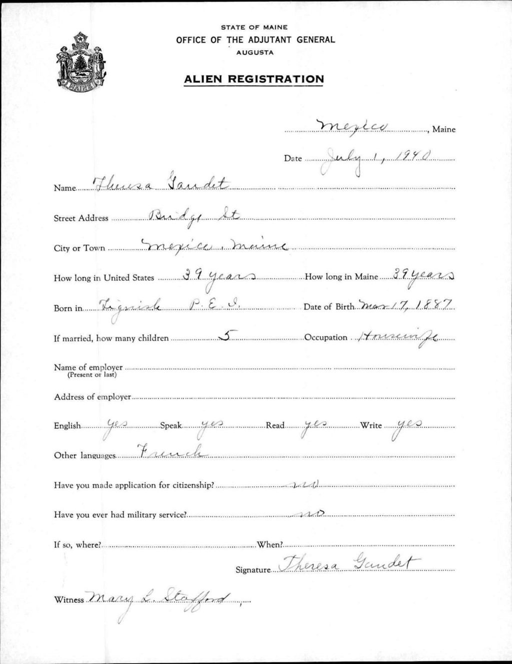 Miniature of Alien Registration- Gaudet, Theresa (Mexico, Oxford County)