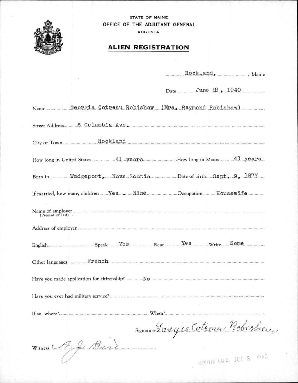 Miniature of Alien Registration- Cotreau, Georgia (Rockland, Knox County)