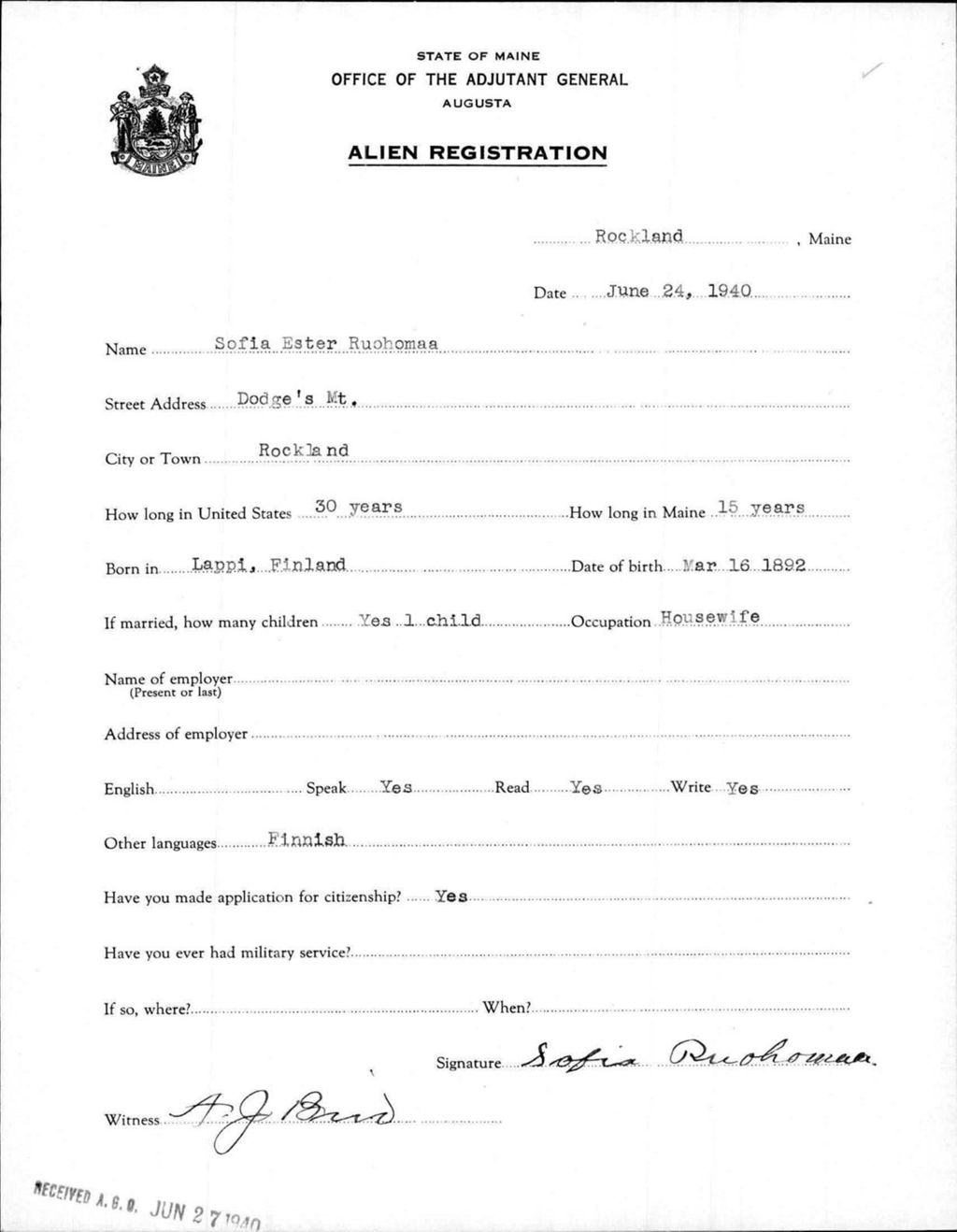 Miniature of Alien Registration- Ruohomaa, Sofia E. (Rockland, Knox County)