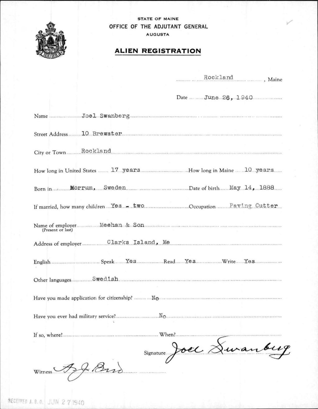 Miniature of Alien Registration- Swanberg, Joel (Rockland, Knox County)