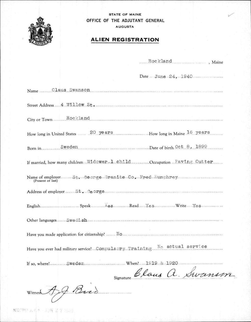 Miniature of Alien Registration- Swanson, Claus (Rockland, Knox County)