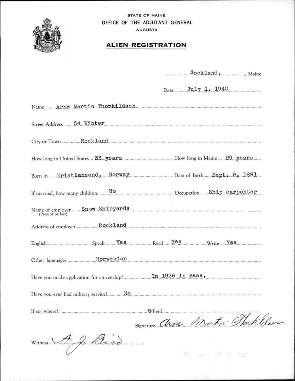Miniature of Alien Registration- Thorkildsen, Arne M. (Rockland, Knox County)