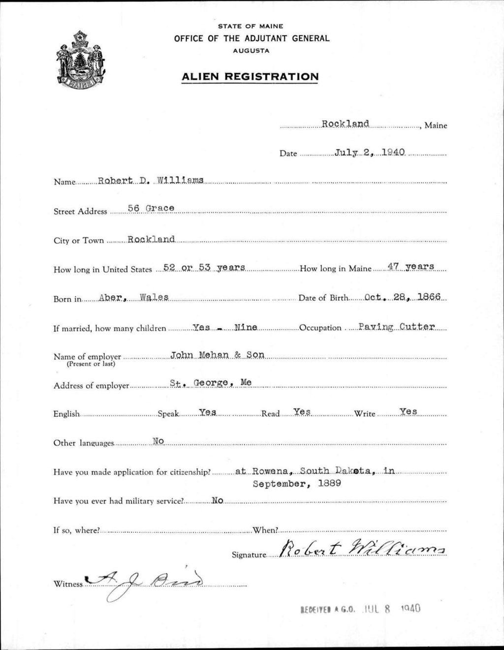 Miniature of Alien Registration- Williams, Robert D. (Rockland, Knox County)