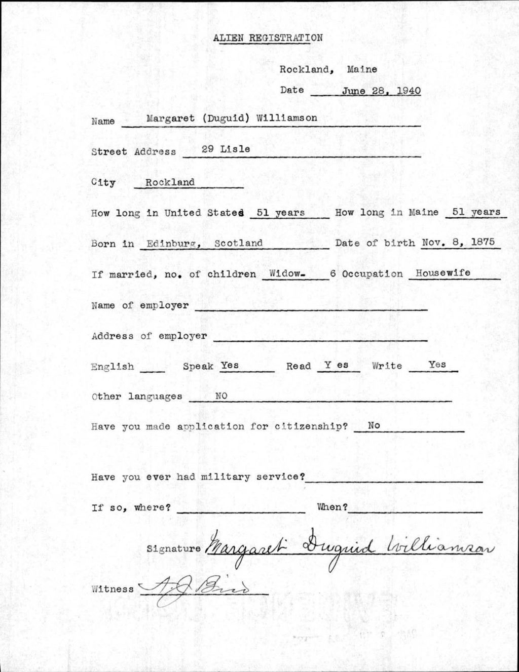 Miniature of Alien Registration- Duguid, Margaret (Rockland, Knox County)