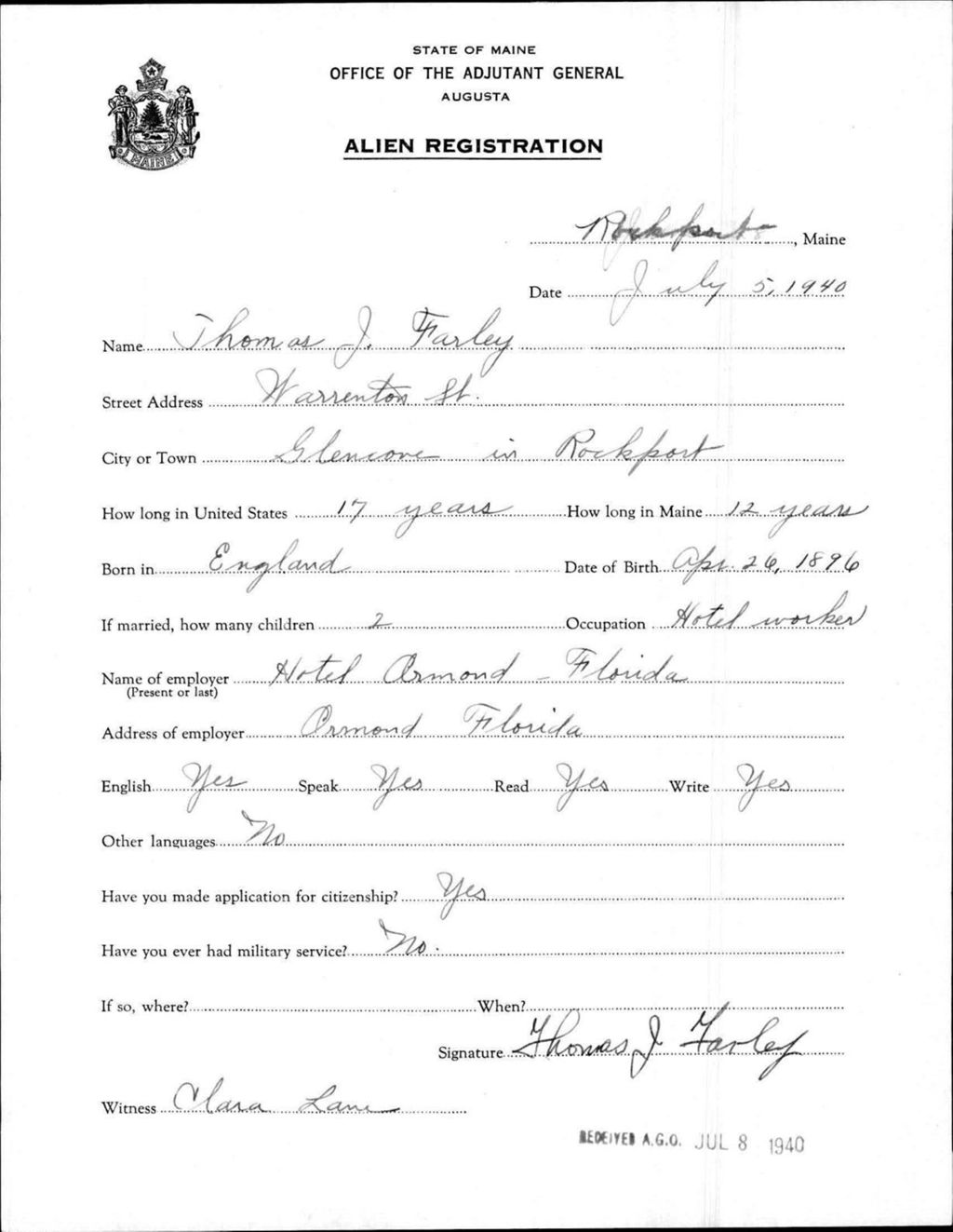 Miniature of Alien Registration- Farley, Thomas J. (Rockport, Knox County)