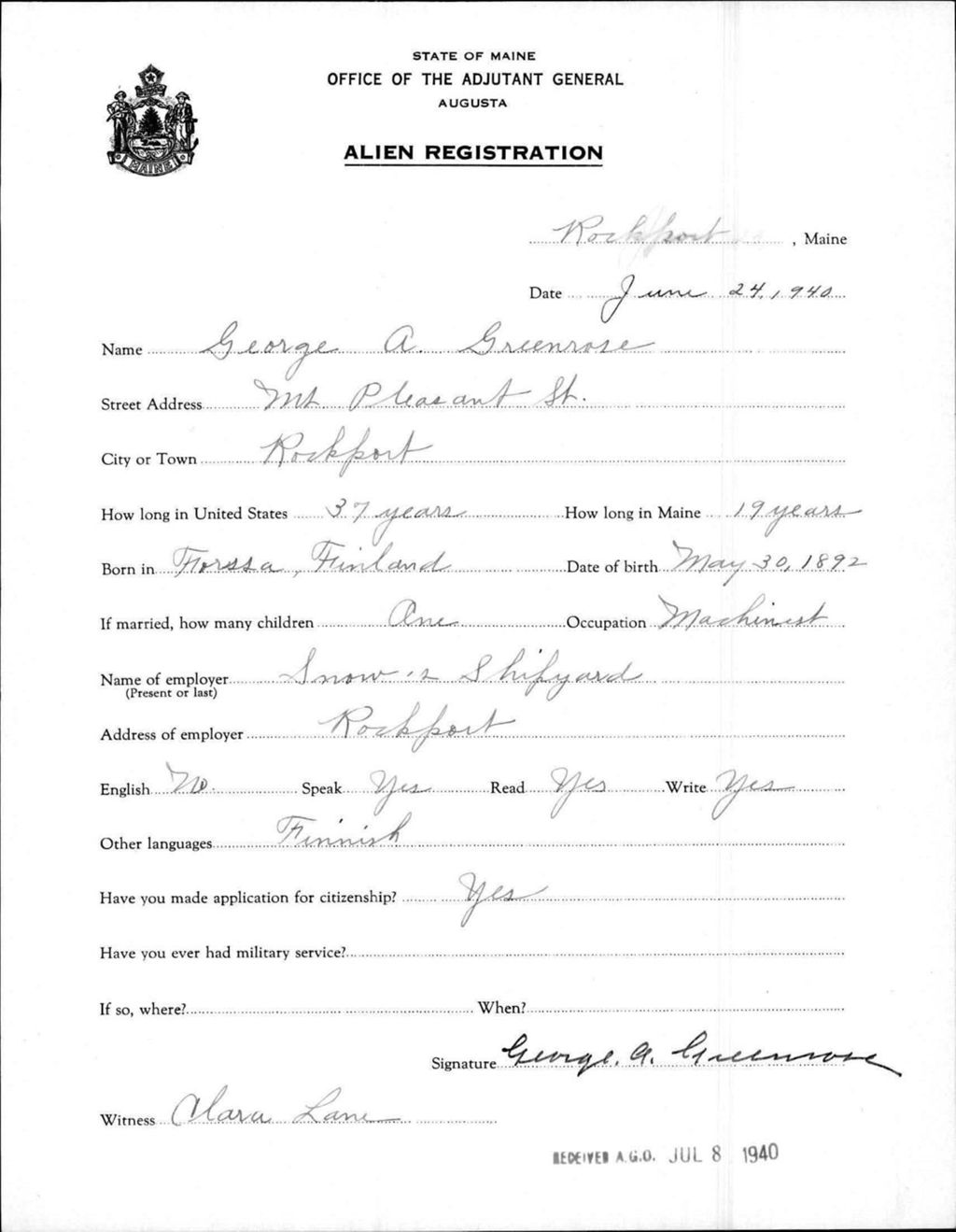 Miniature of Alien Registration- Greenrose, George A. (Rockport, Knox County)