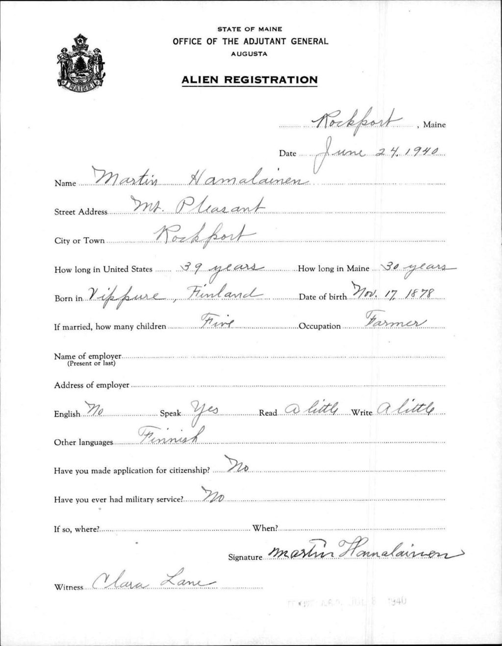 Miniature of Alien Registration- Hamalainen, Martin (Rockport, Knox County)