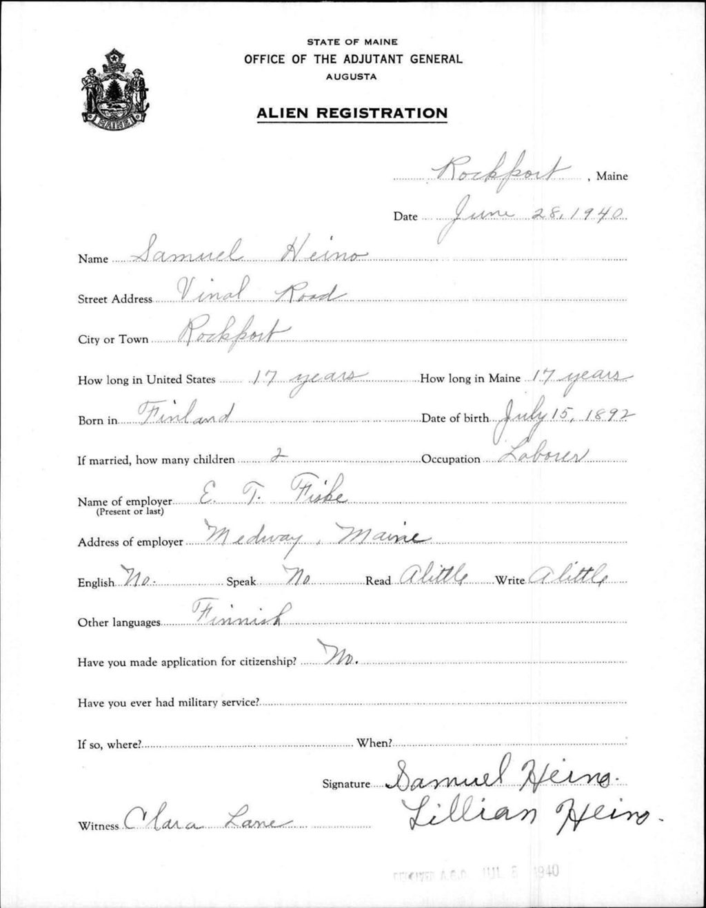 Miniature of Alien Registration- Heino, Samuel (Rockport, Knox County)