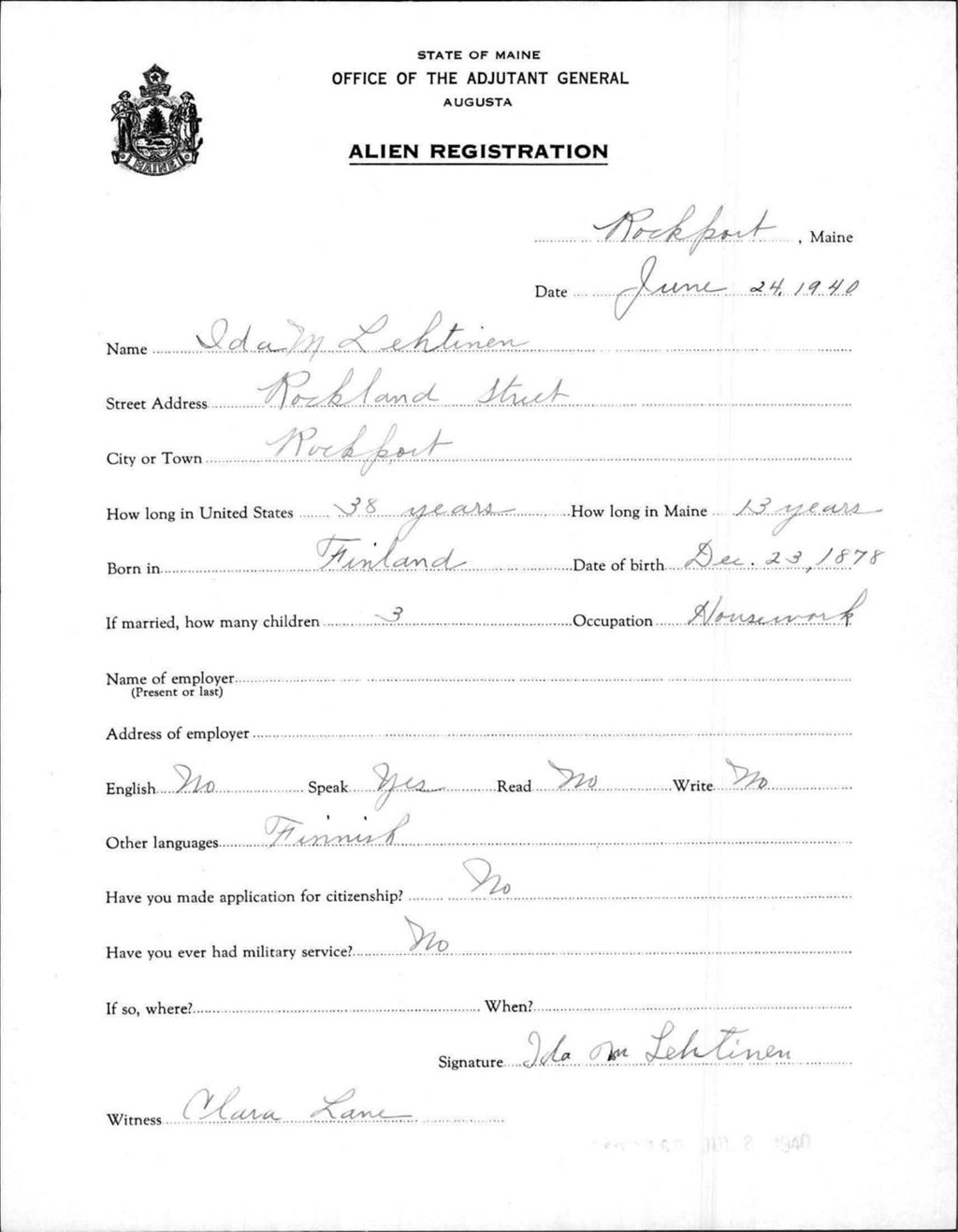 Miniature of Alien Registration- Lehtinen, Ida M. (Rockport, Knox County)