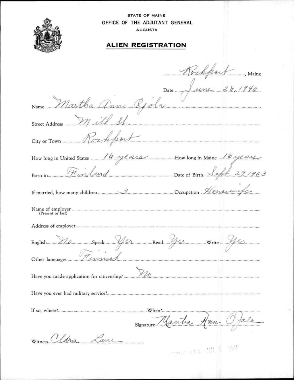 Miniature of Alien Registration- Ojala, Martha A. (Rockport, Knox County)