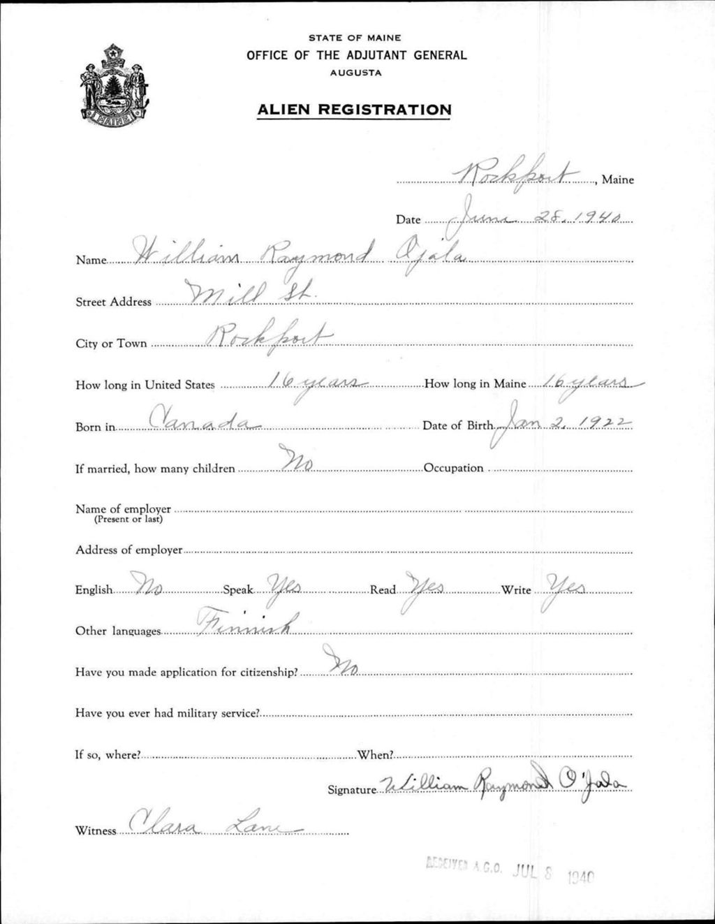 Miniature of Alien Registration- Ojala, William R. (Rockport, Knox County)