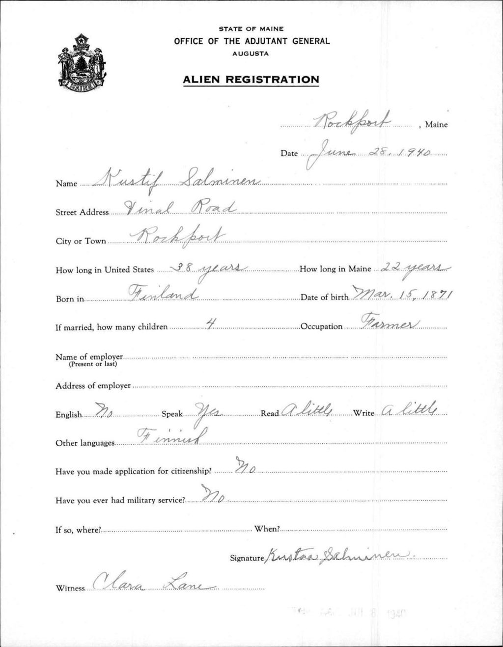 Miniature of Alien Registration- Salminen, Kustif (Rockport, Knox County)