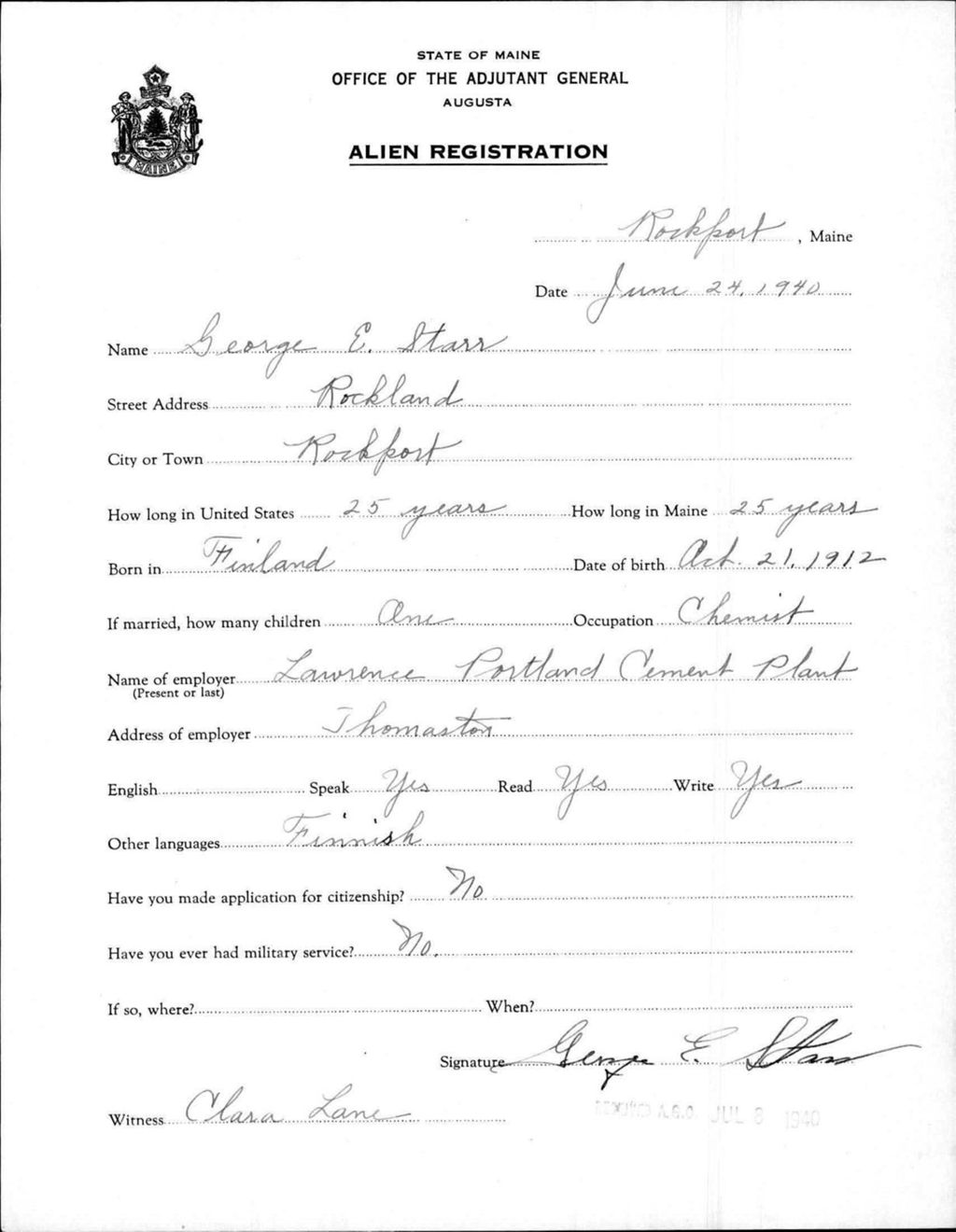 Miniature of Alien Registration- Starr, George E. (Rockport, Knox County)