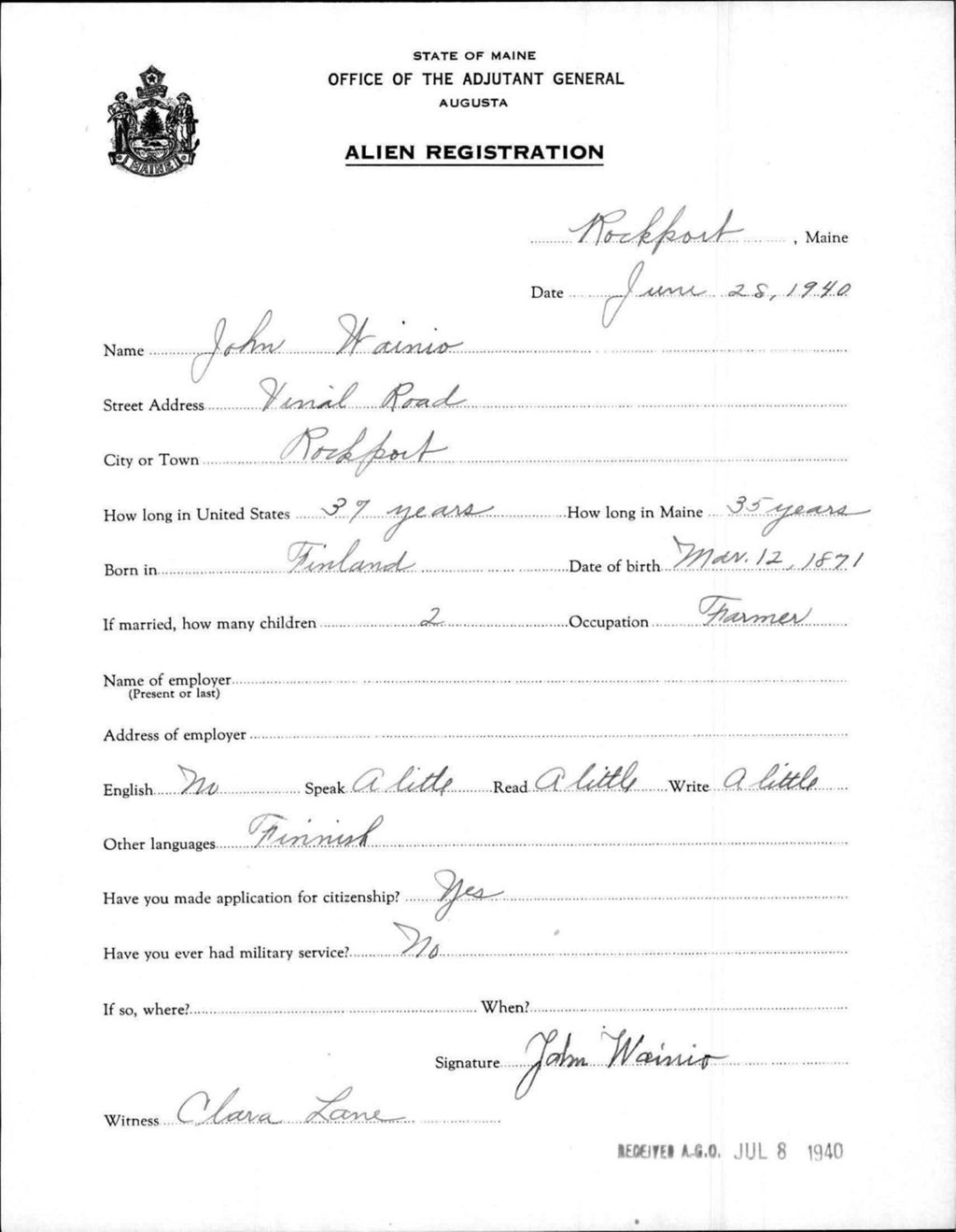 Miniature of Alien Registration- Wainio, John (Rockport, Knox County)