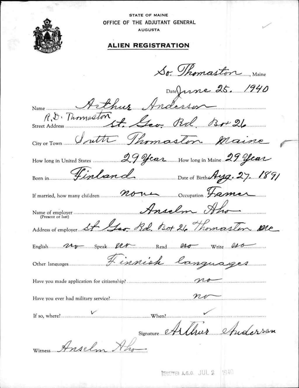 Miniature of Alien Registration- Anderson, Arthur (South Thomaston, Knox County)