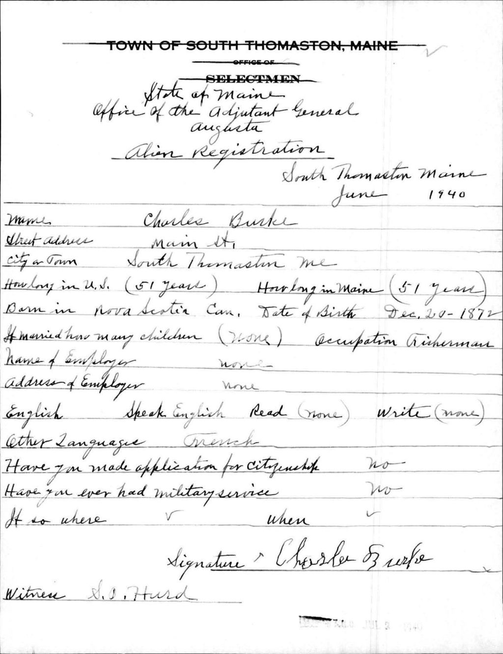 Miniature of Alien Registration- Burke, Charles (South Thomaston, Knox County)