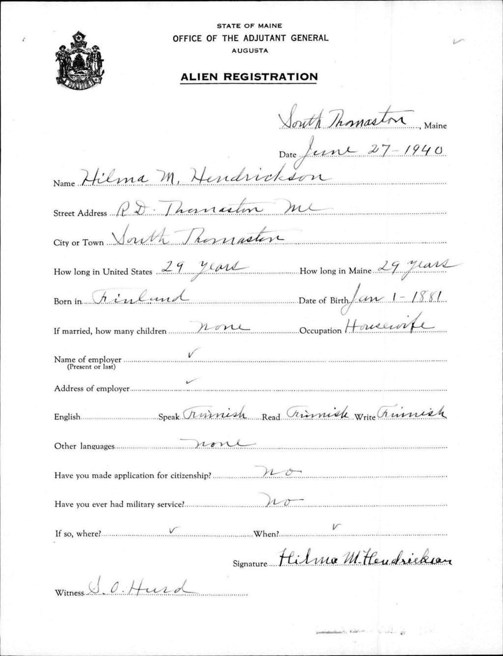 Miniature of Alien Registration- Hendrickson, Hilma M. (South Thomaston, Knox County)