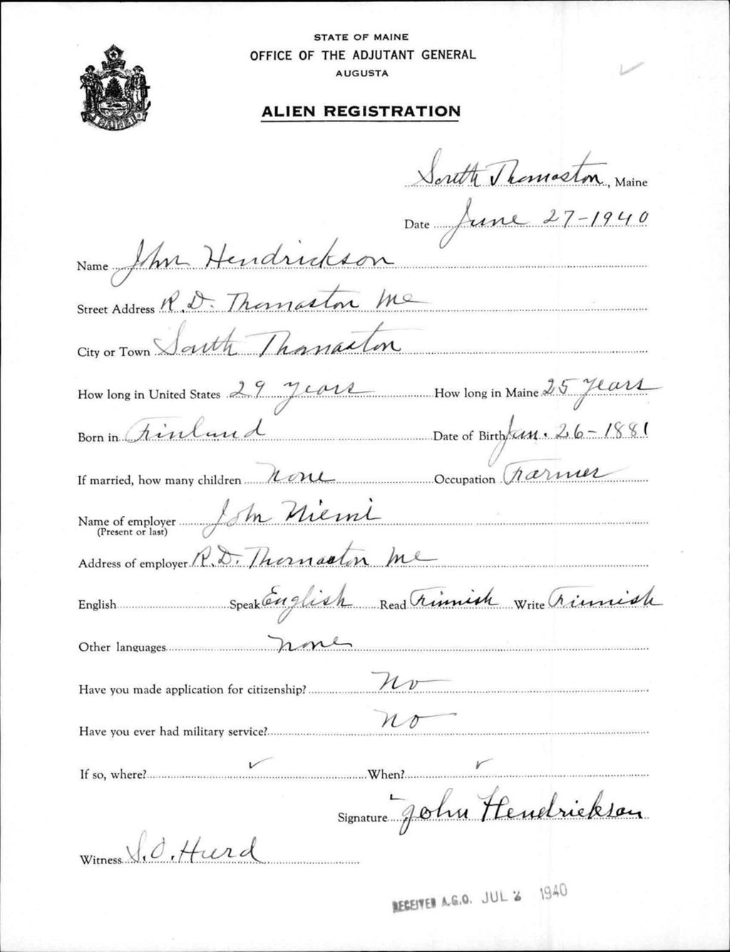 Miniature of Alien Registration- Hendrickson, John (South Thomaston, Knox County)