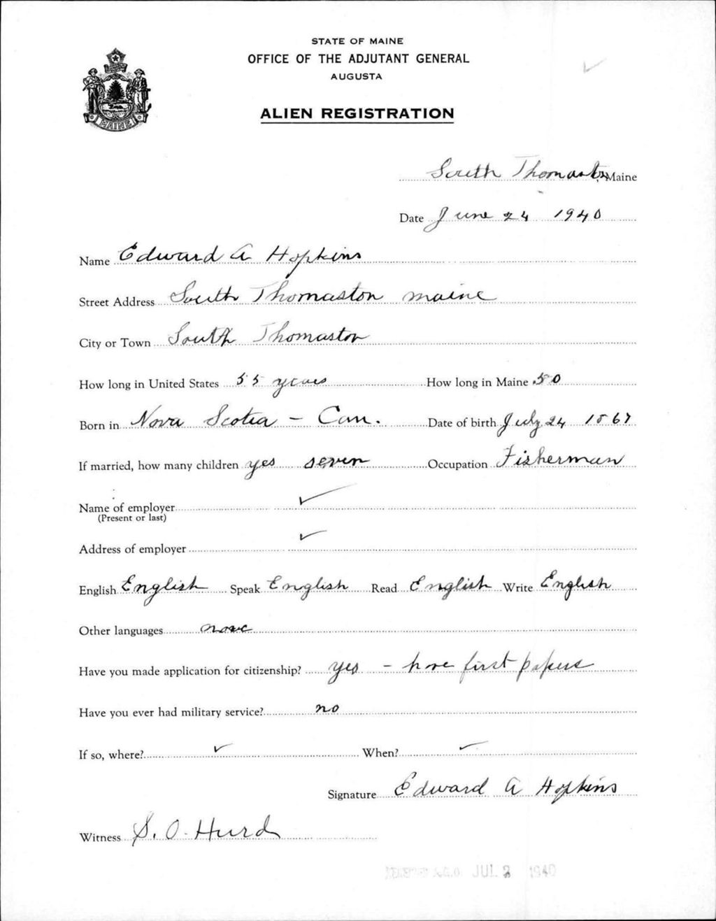 Miniature of Alien Registration- Hopkins, Edward A. (South Thomaston, Knox County)