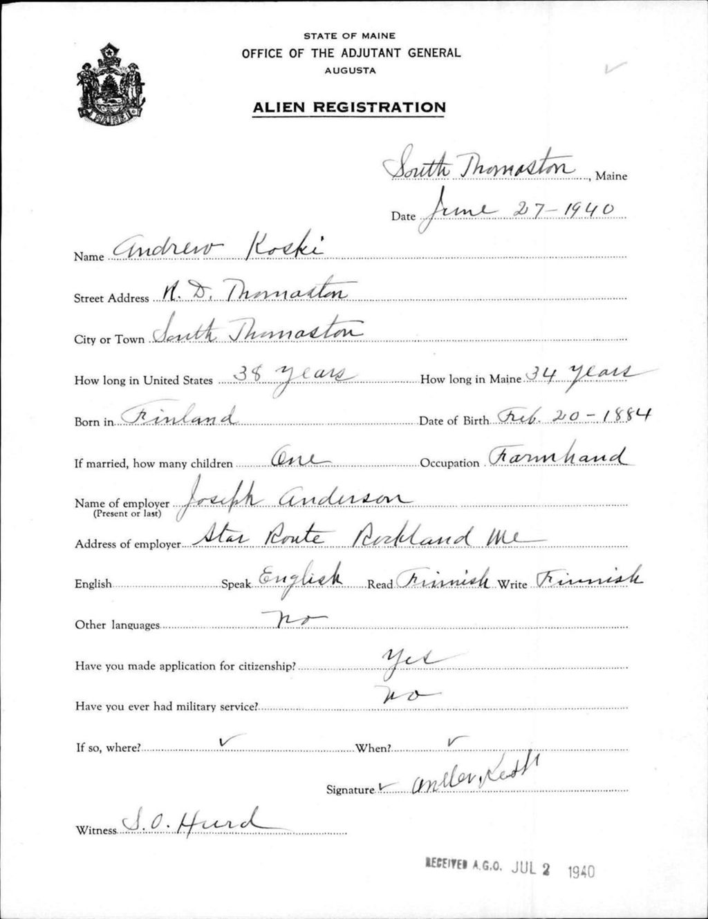 Miniature of Alien Registration- Koski, Andrew (South Thomaston, Knox County)